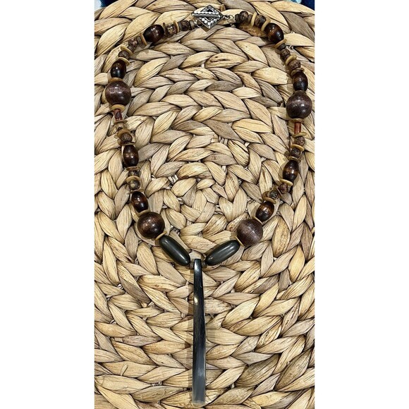 Elite Noble Shungite 4in Pendant & Wood Necklace Chakra Brutalist Tribal Boho - Picture 2 of 10